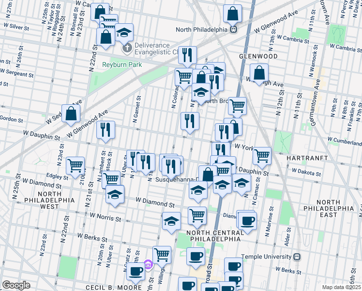 map of restaurants, bars, coffee shops, grocery stores, and more near 2336 North Smedley Street in Philadelphia