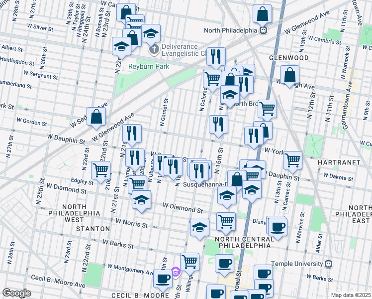 map of restaurants, bars, coffee shops, grocery stores, and more near 2327 North 18th Street in Philadelphia