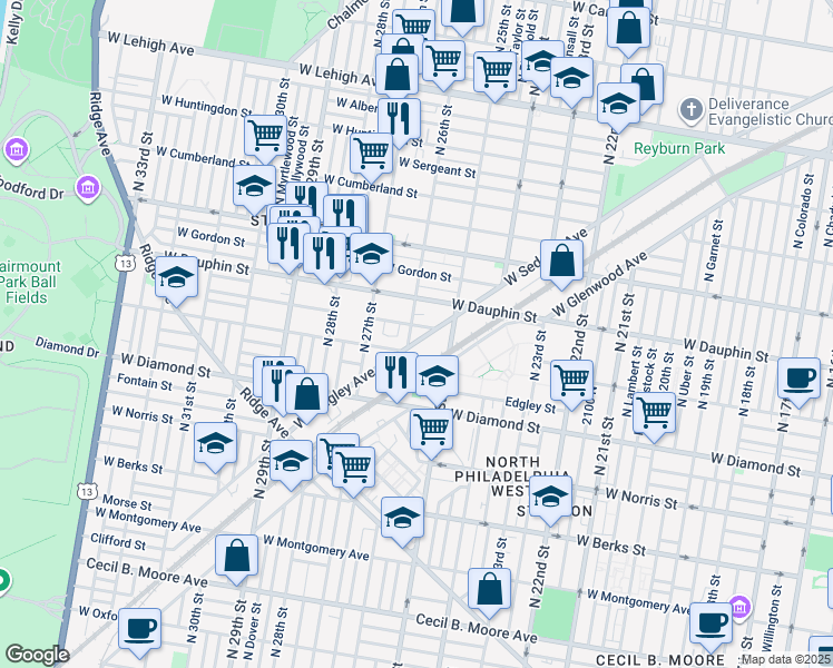 map of restaurants, bars, coffee shops, grocery stores, and more near 2211 North 26th Street in Philadelphia