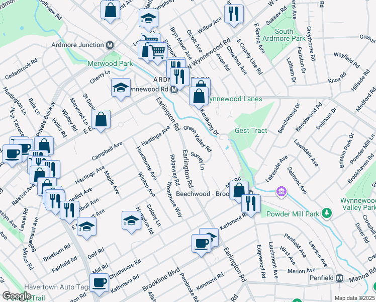map of restaurants, bars, coffee shops, grocery stores, and more near 1653 Surrey Lane in Havertown