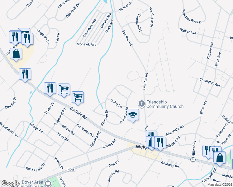 map of restaurants, bars, coffee shops, grocery stores, and more near 3346 Greentree Lane in Dover
