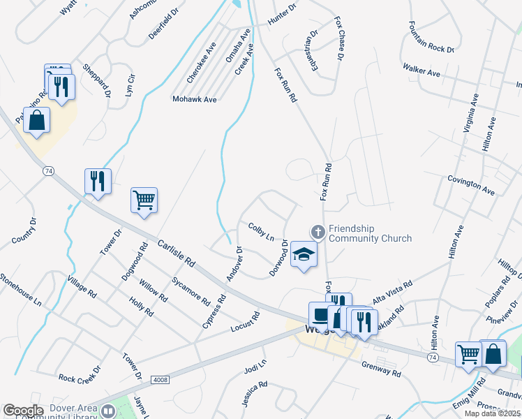 map of restaurants, bars, coffee shops, grocery stores, and more near 3346 Greentree Lane in Dover