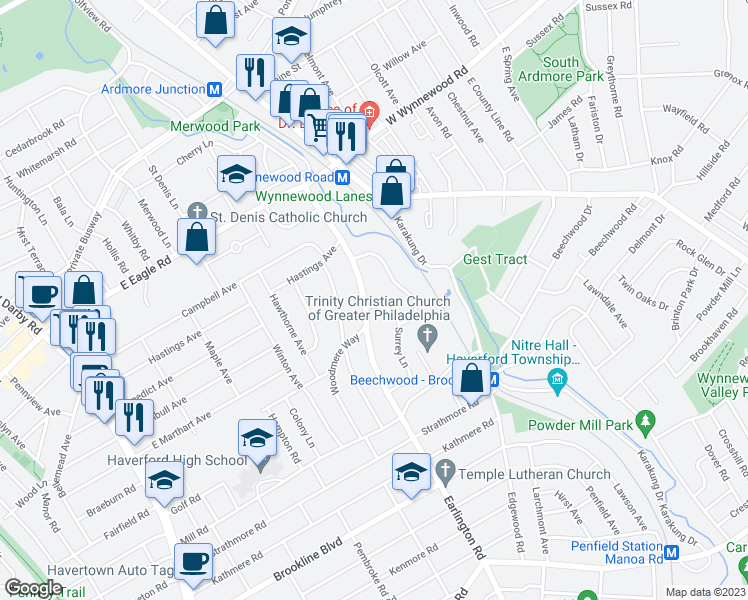 map of restaurants, bars, coffee shops, grocery stores, and more near 1651 Surrey Lane in Havertown