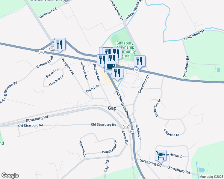 map of restaurants, bars, coffee shops, grocery stores, and more near 812 Pennsylvania 41 in Gap