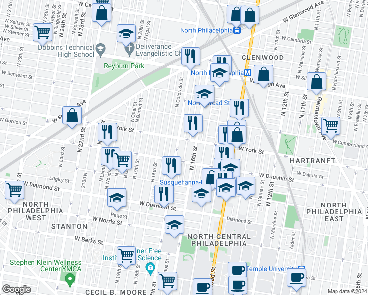 map of restaurants, bars, coffee shops, grocery stores, and more near 2336 North Smedley Street in Philadelphia
