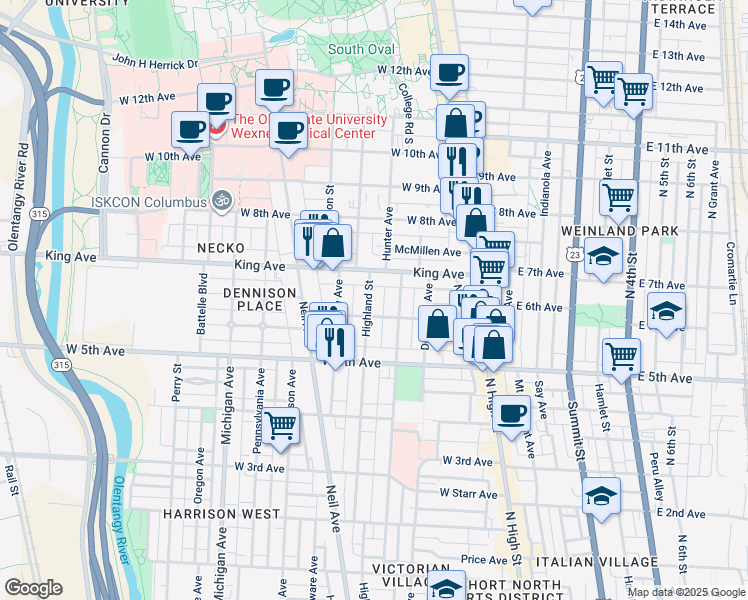map of restaurants, bars, coffee shops, grocery stores, and more near 1350 Highland Street in Columbus