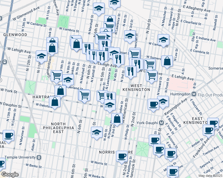 map of restaurants, bars, coffee shops, grocery stores, and more near 2527 North Leithgow Street in Philadelphia