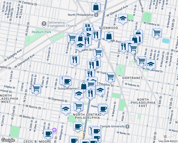 map of restaurants, bars, coffee shops, grocery stores, and more near 1422 West York Street in Philadelphia