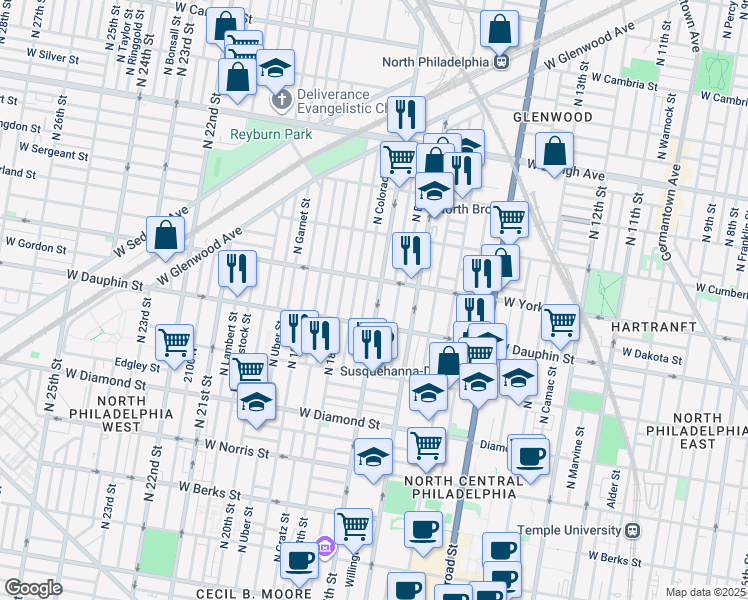 map of restaurants, bars, coffee shops, grocery stores, and more near 2334 North 17th Street in Philadelphia