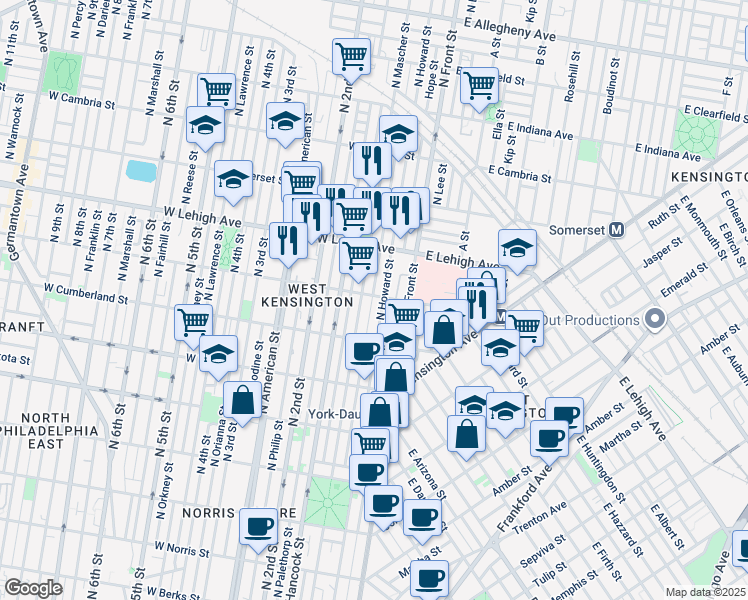 map of restaurants, bars, coffee shops, grocery stores, and more near 144 West Huntingdon Street in Philadelphia