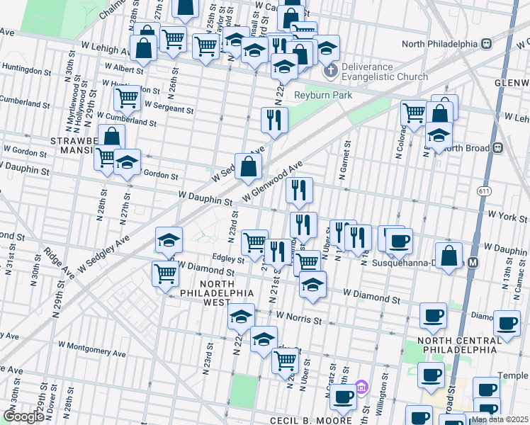 map of restaurants, bars, coffee shops, grocery stores, and more near 2259 North 22nd Street in Philadelphia