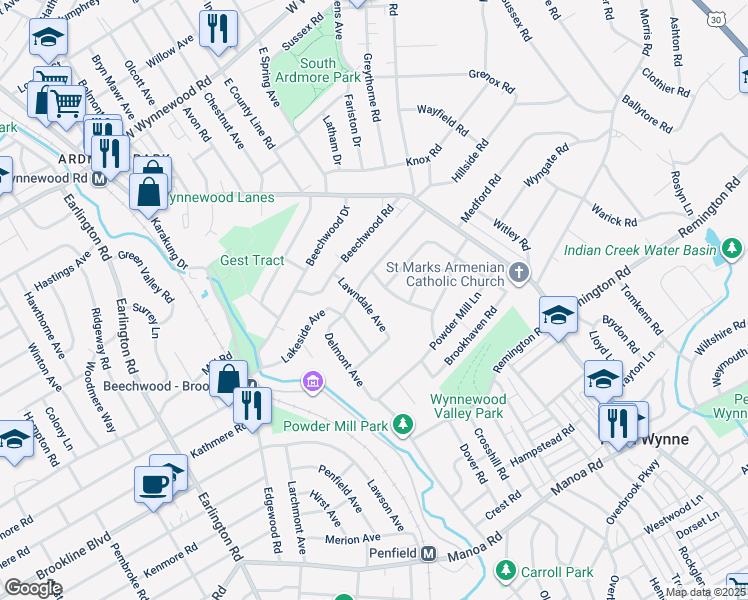 map of restaurants, bars, coffee shops, grocery stores, and more near 1431 Lawndale Avenue in Havertown