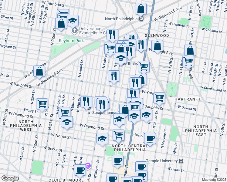 map of restaurants, bars, coffee shops, grocery stores, and more near 2348 North 16th Street in Philadelphia