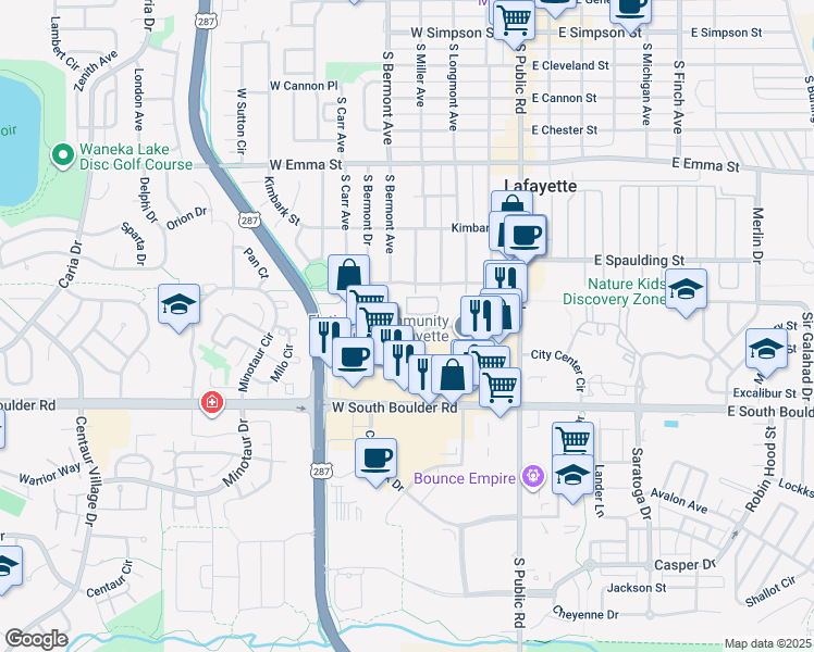 map of restaurants, bars, coffee shops, grocery stores, and more near 225 Waneka Parkway in Lafayette