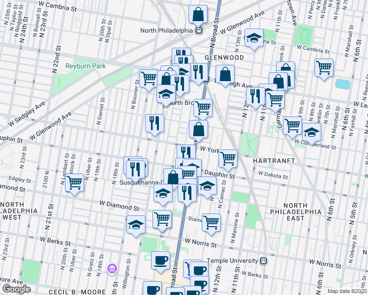 map of restaurants, bars, coffee shops, grocery stores, and more near 2415 North Carlisle Street in Philadelphia
