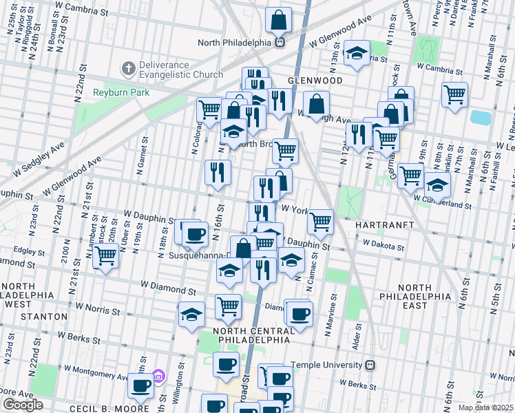 map of restaurants, bars, coffee shops, grocery stores, and more near 1424 West York Street in Philadelphia