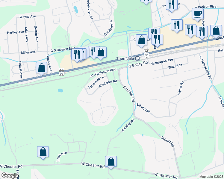 map of restaurants, bars, coffee shops, grocery stores, and more near 2809 Westerham Road in Downingtown