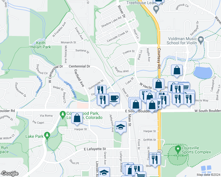 map of restaurants, bars, coffee shops, grocery stores, and more near 1927 Centennial Drive in Louisville