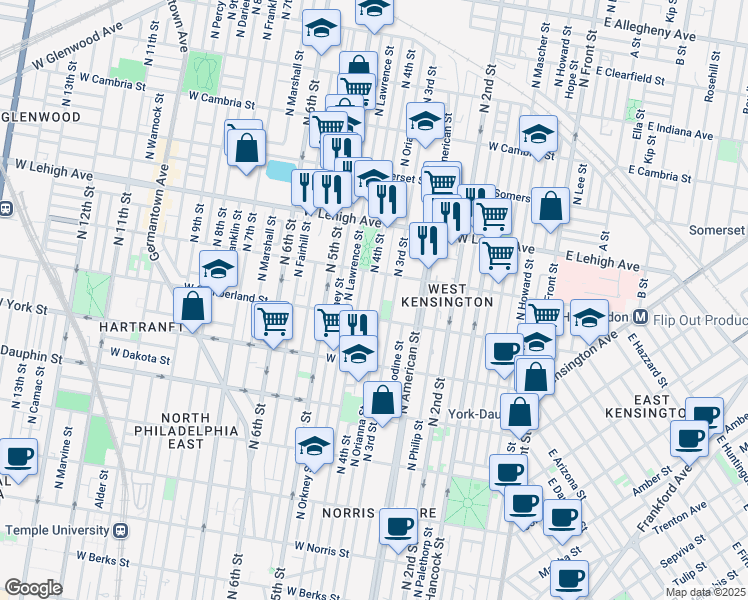 map of restaurants, bars, coffee shops, grocery stores, and more near 2525 North 4th Street in Philadelphia