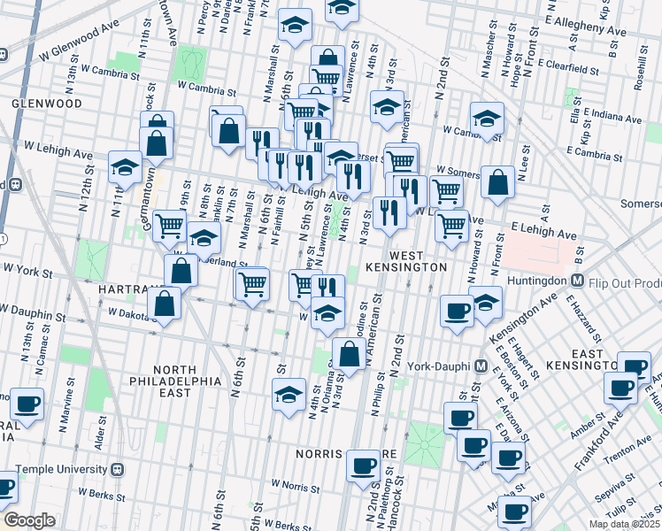 map of restaurants, bars, coffee shops, grocery stores, and more near 2527 North Leithgow Street in Philadelphia