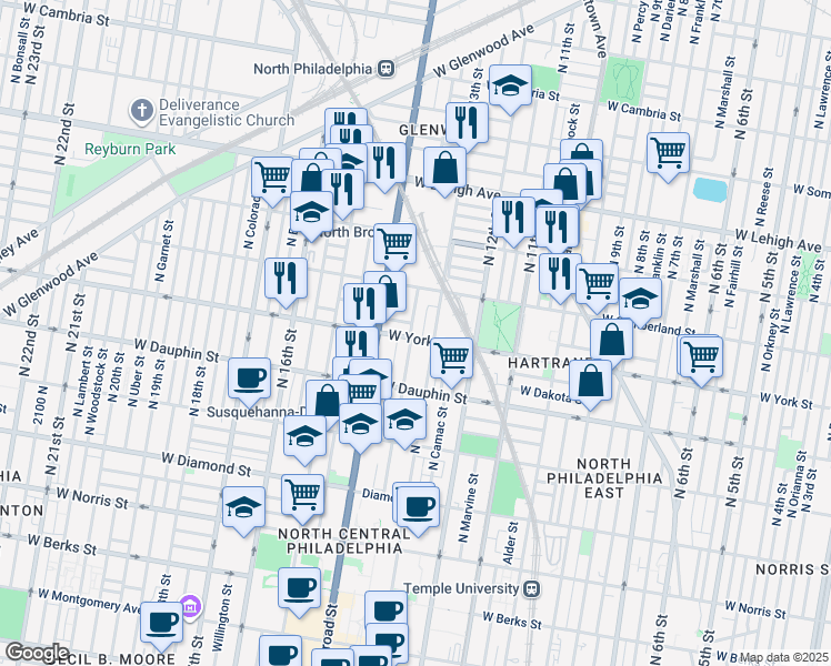 map of restaurants, bars, coffee shops, grocery stores, and more near 2405 North Park Avenue in Philadelphia