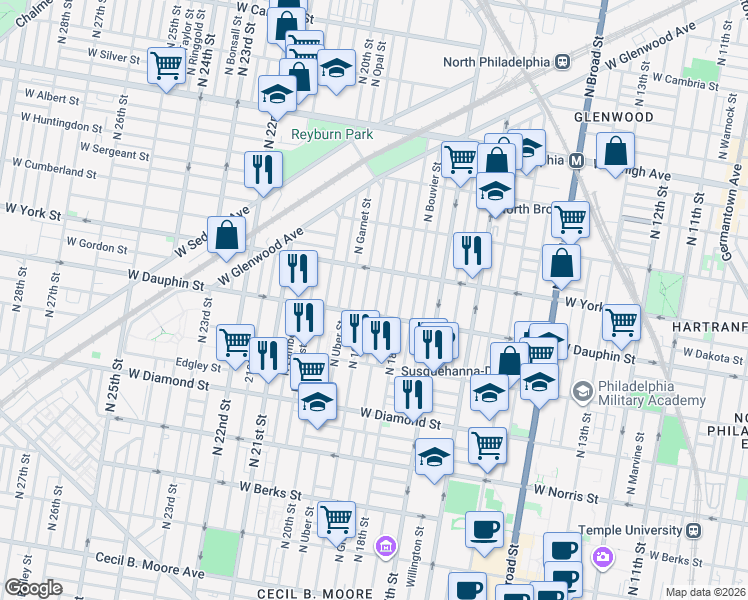 map of restaurants, bars, coffee shops, grocery stores, and more near 2349 North 19th Street in Philadelphia