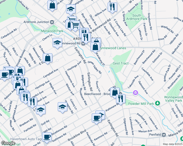 map of restaurants, bars, coffee shops, grocery stores, and more near 1651 Surrey Lane in Havertown