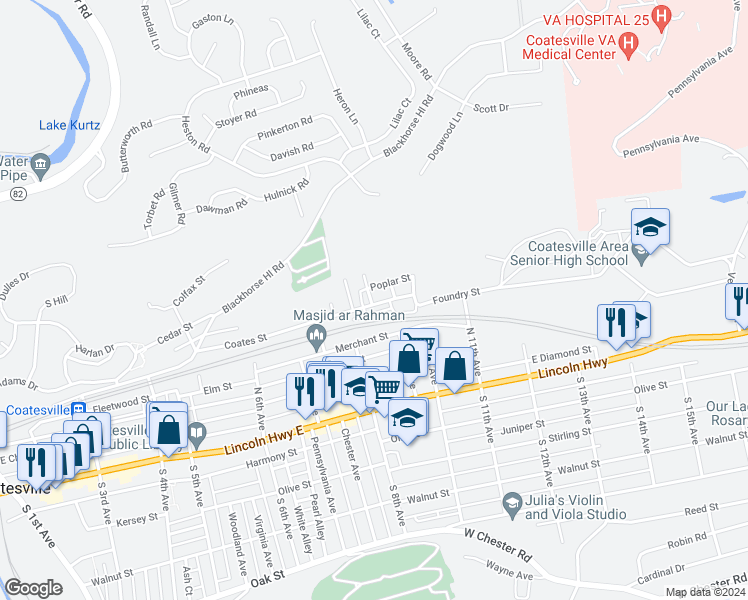 map of restaurants, bars, coffee shops, grocery stores, and more near 833 Coates Street in Coatesville