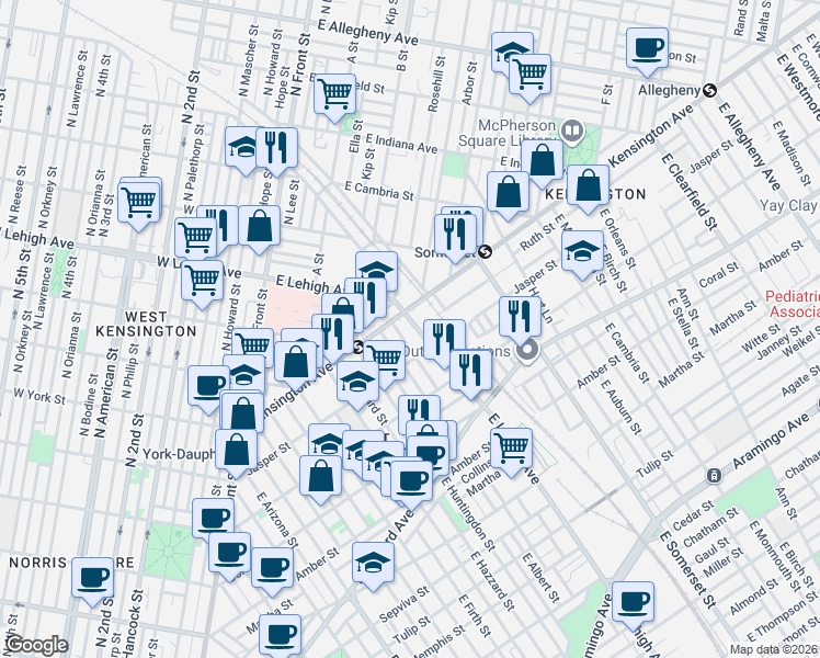 map of restaurants, bars, coffee shops, grocery stores, and more near 1814 East Lehigh Avenue in Philadelphia