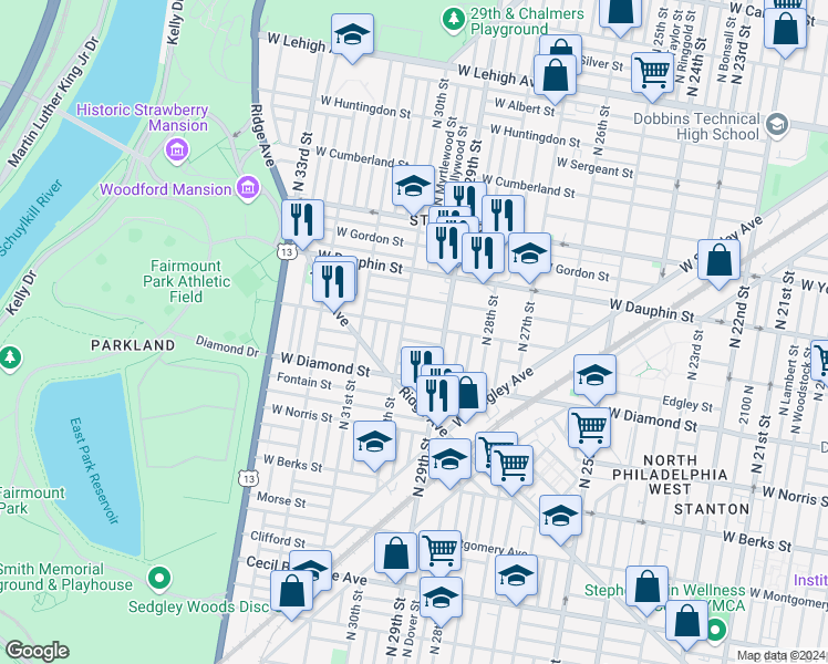 map of restaurants, bars, coffee shops, grocery stores, and more near 2940 West Susquehanna Avenue in Philadelphia