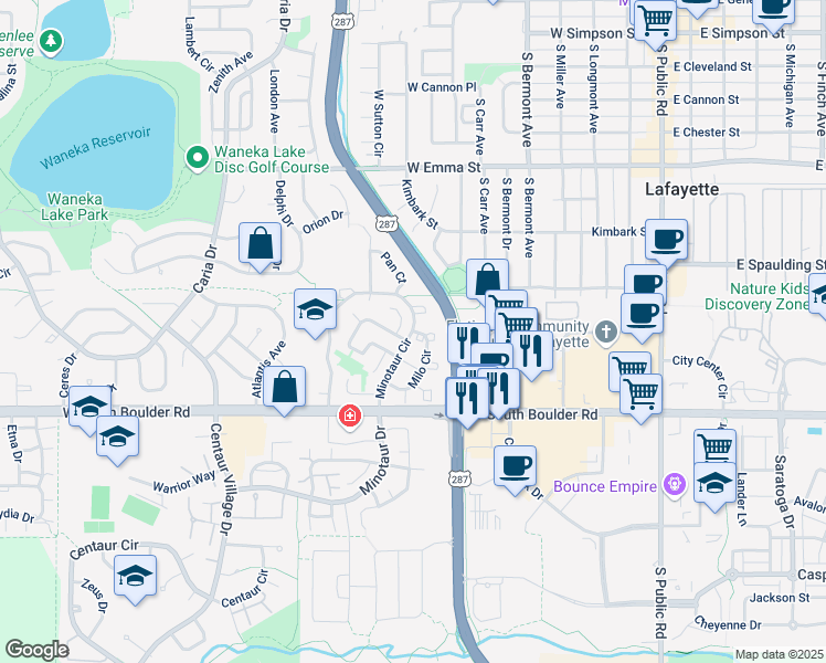 map of restaurants, bars, coffee shops, grocery stores, and more near Minotaur Cir & Milo Cir in Lafayette