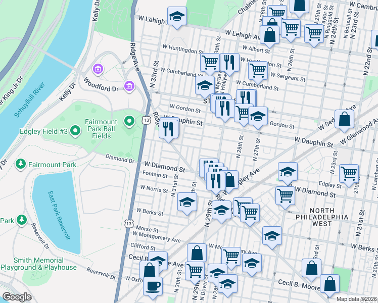 map of restaurants, bars, coffee shops, grocery stores, and more near 3041 West Susquehanna Avenue in Philadelphia