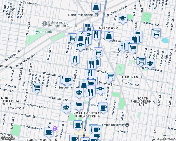 map of restaurants, bars, coffee shops, grocery stores, and more near 1428 West York Street in Philadelphia