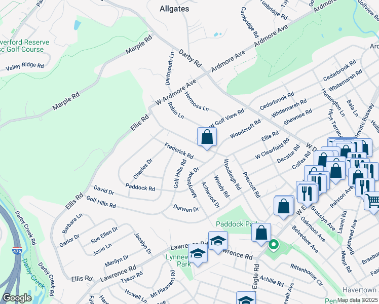 map of restaurants, bars, coffee shops, grocery stores, and more near 224 Frederick Road in Havertown