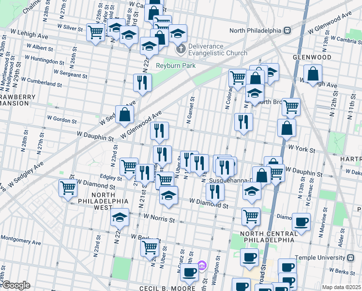 map of restaurants, bars, coffee shops, grocery stores, and more near 2313 North Opal Street in Philadelphia