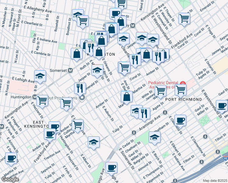 map of restaurants, bars, coffee shops, grocery stores, and more near 2066 East Birch Street in Philadelphia