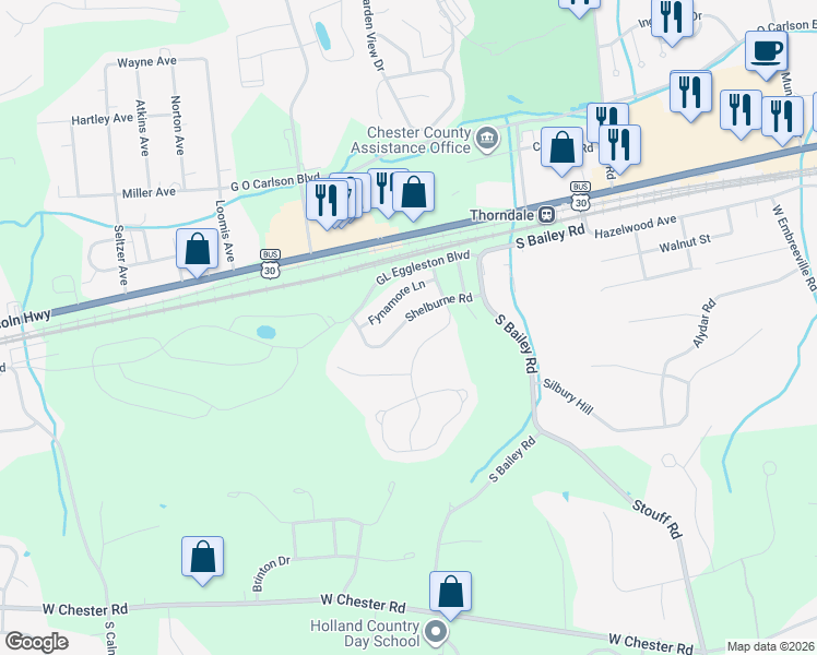 map of restaurants, bars, coffee shops, grocery stores, and more near 2738 Fynamore Lane in Downingtown