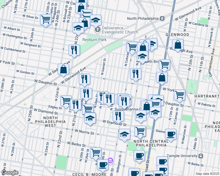 map of restaurants, bars, coffee shops, grocery stores, and more near 2326 North Cleveland Street in Philadelphia