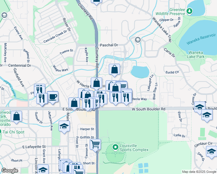 map of restaurants, bars, coffee shops, grocery stores, and more near 1371 Hecla Drive in Louisville