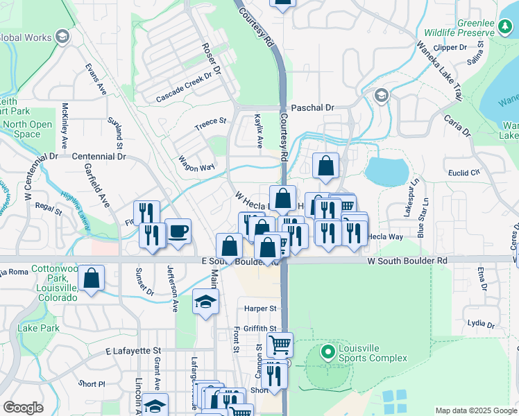 map of restaurants, bars, coffee shops, grocery stores, and more near 1220 North Kestrel Lane in Louisville