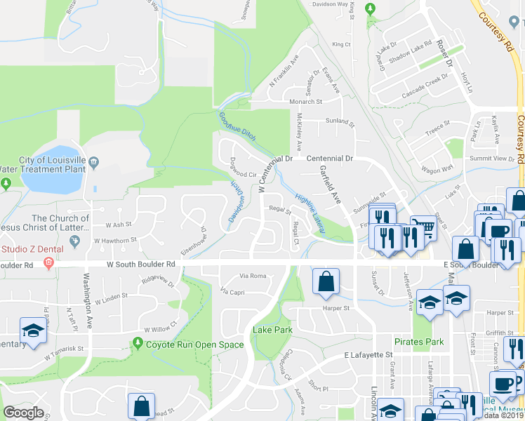 map of restaurants, bars, coffee shops, grocery stores, and more near 2039 West Centennial Drive in Louisville