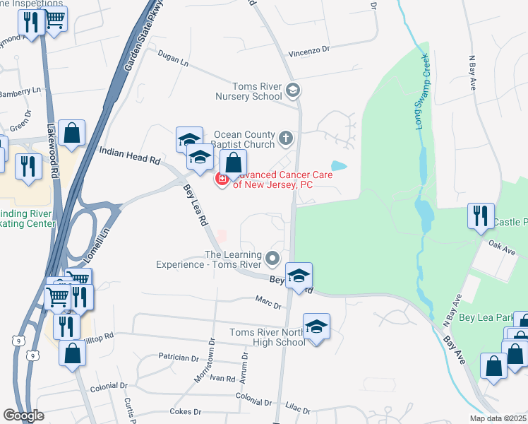 map of restaurants, bars, coffee shops, grocery stores, and more near 1348 Old Freehold Road in Toms River
