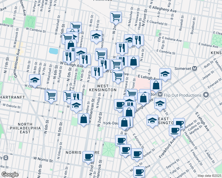 map of restaurants, bars, coffee shops, grocery stores, and more near 189 West Huntingdon Street in Philadelphia