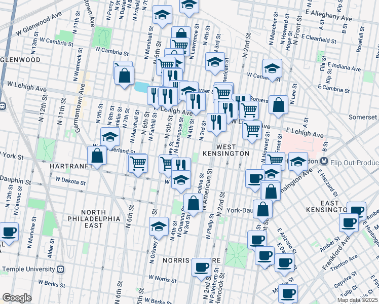 map of restaurants, bars, coffee shops, grocery stores, and more near 2527 North 4th Street in Philadelphia