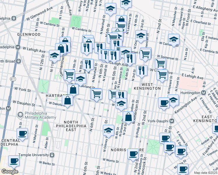 map of restaurants, bars, coffee shops, grocery stores, and more near 2536 North 5th Street in Philadelphia