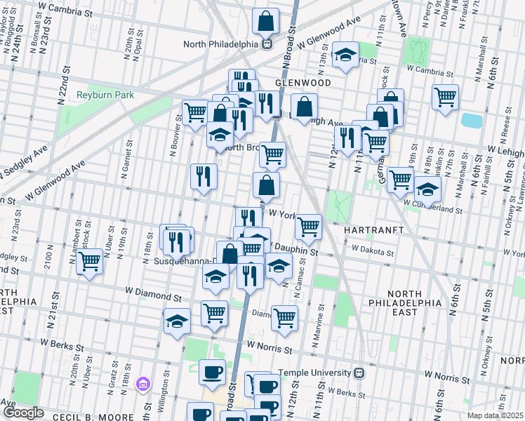 map of restaurants, bars, coffee shops, grocery stores, and more near 2415 North Carlisle Street in Philadelphia