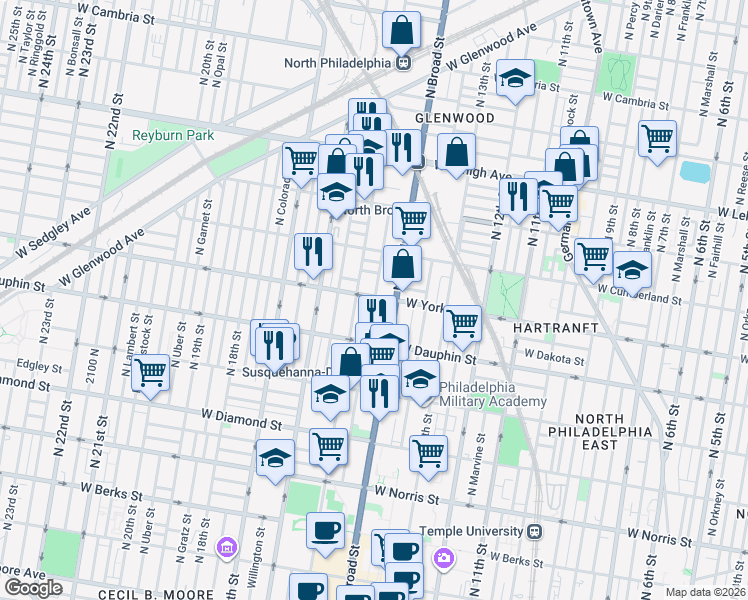 map of restaurants, bars, coffee shops, grocery stores, and more near 2415 North Carlisle Street in Philadelphia