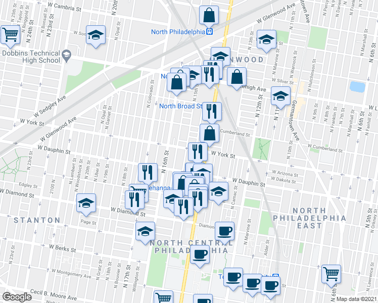 map of restaurants, bars, coffee shops, grocery stores, and more near 1508 West Boston Street in Philadelphia