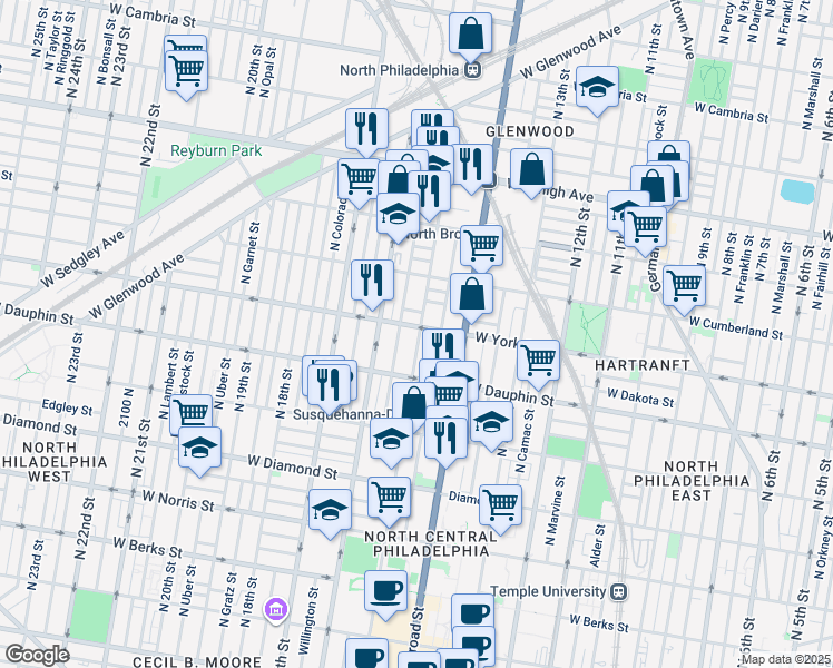 map of restaurants, bars, coffee shops, grocery stores, and more near 1508 West Boston Street in Philadelphia