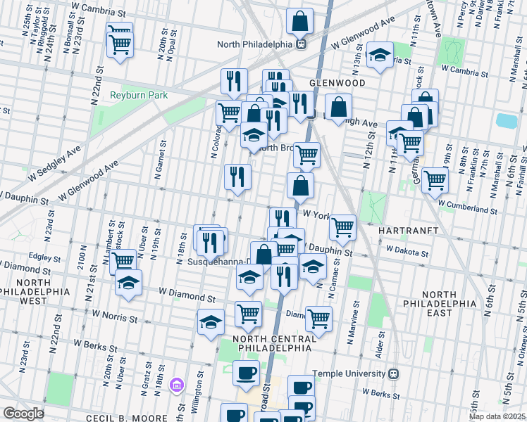 map of restaurants, bars, coffee shops, grocery stores, and more near 1508 West Boston Street in Philadelphia